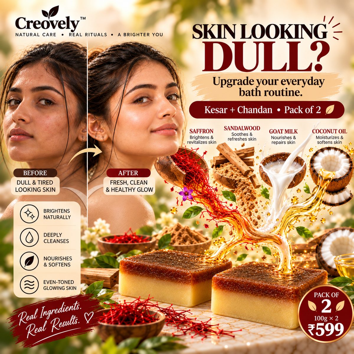 Creovely GoldenVeil™ Handmade Cleansing Bar — Saffron & Sandalwood | Pack of 2