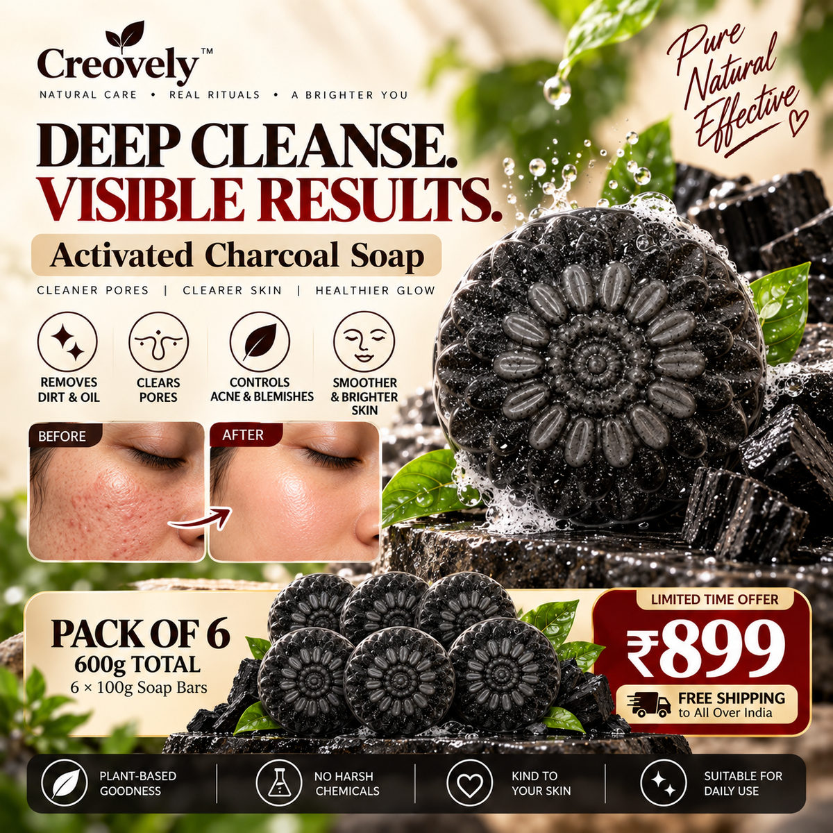 Creovely NoirKind™ Charcoal Reset Bar — Activated Charcoal Soap | Pack of 6