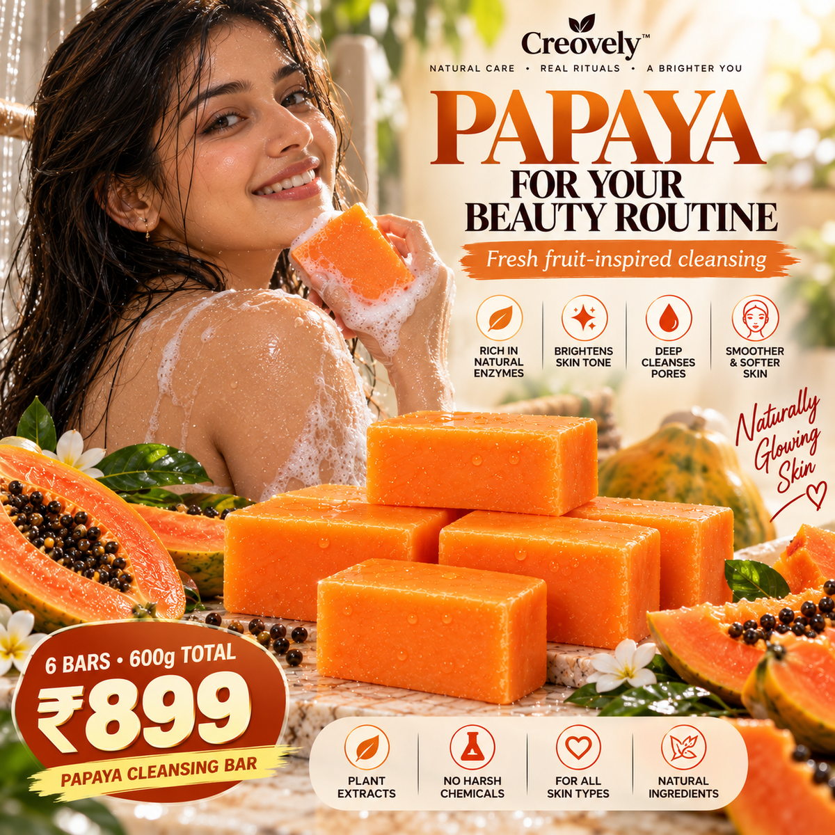 Creovely Papayelle™ Tropical Cleansing Bar — Papaya Extract Soap | Pack of 6