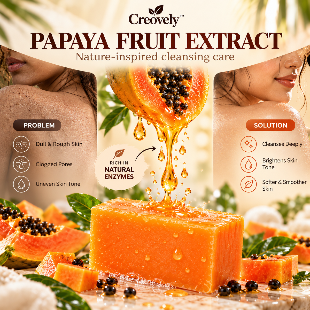 Creovely Papayelle™ Tropical Cleansing Bar — Papaya Extract Soap | Pack of 6