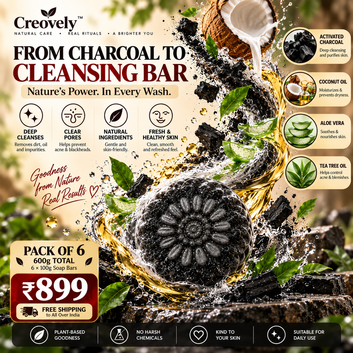 Creovely NoirKind™ Charcoal Reset Bar — Activated Charcoal Soap | Pack of 6