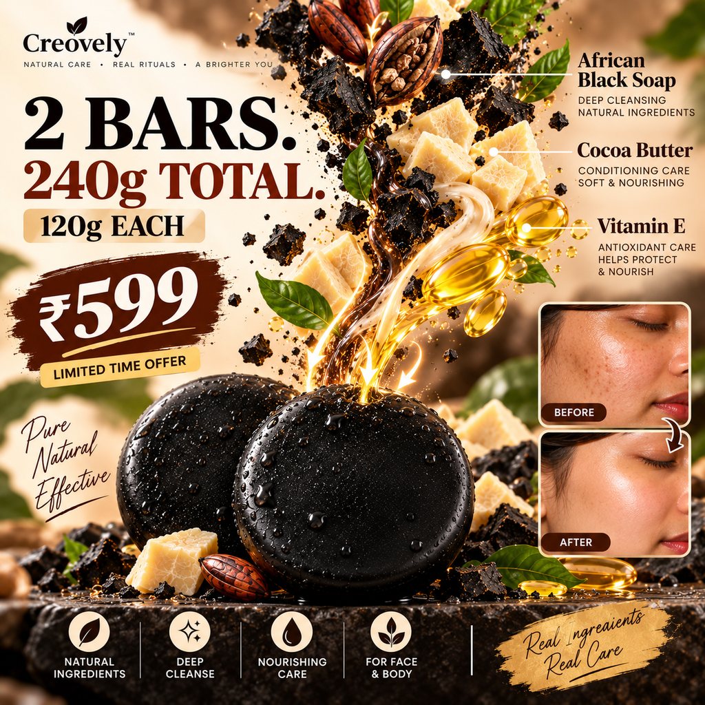 Creovely ObsidianGrove™ Deep Cleansing Bar — African Black Soap with Cocoa Butter & Vitamin E | Pack of 2