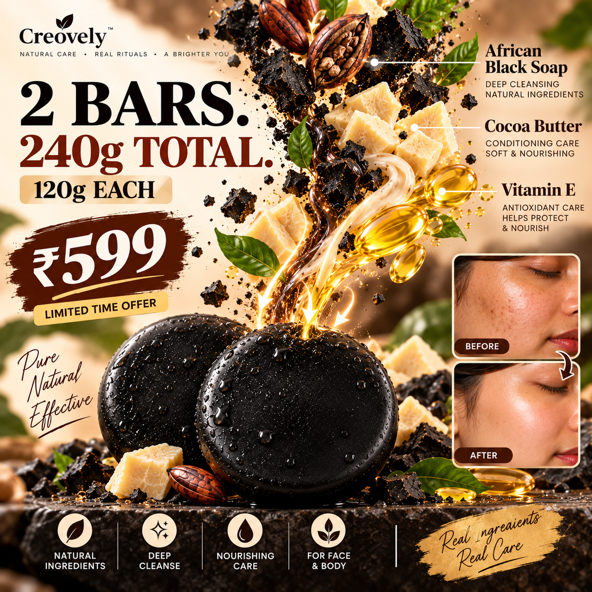 Creovely ObsidianGrove™ Deep Cleansing Bar — African Black Soap with Cocoa Butter & Vitamin E | Pack of 2