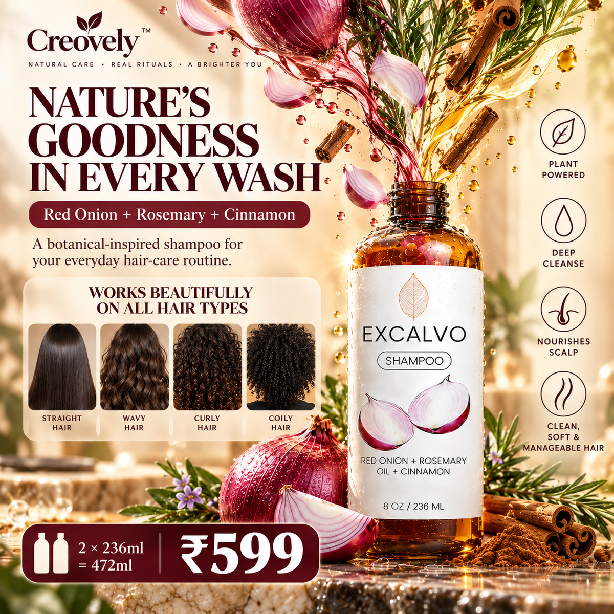 Creovely RootMuse™ Botanical Hair Cleanse — Red Onion, Rosemary & Cinnamon Shampoo | Pack of 2