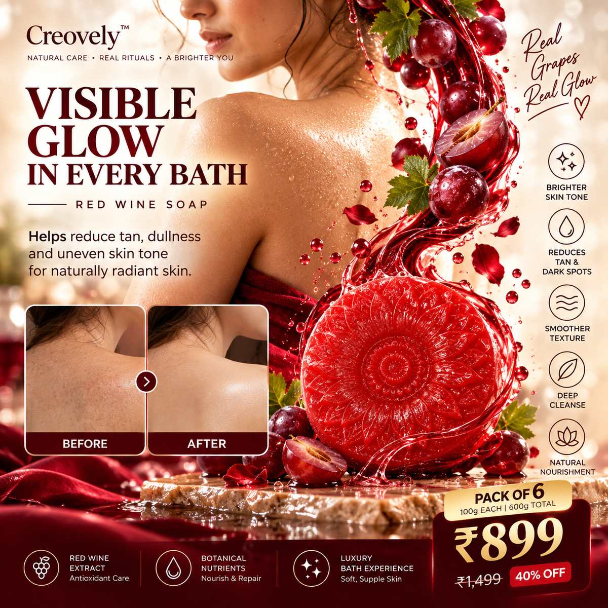 Creovely Rubivane™ Ruby Bath Ritual — Redwine Soap | Pack of 6