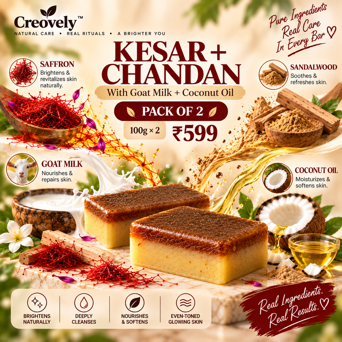 Creovely GoldenVeil™ Handmade Cleansing Bar — Saffron & Sandalwood | Pack of 2
