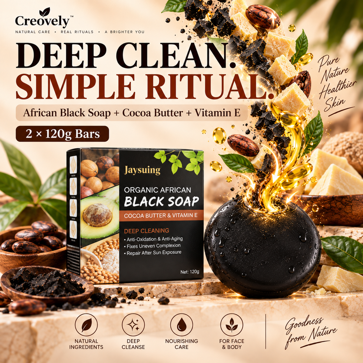 Creovely ObsidianGrove™ Deep Cleansing Bar — African Black Soap with Cocoa Butter & Vitamin E | Pack of 2
