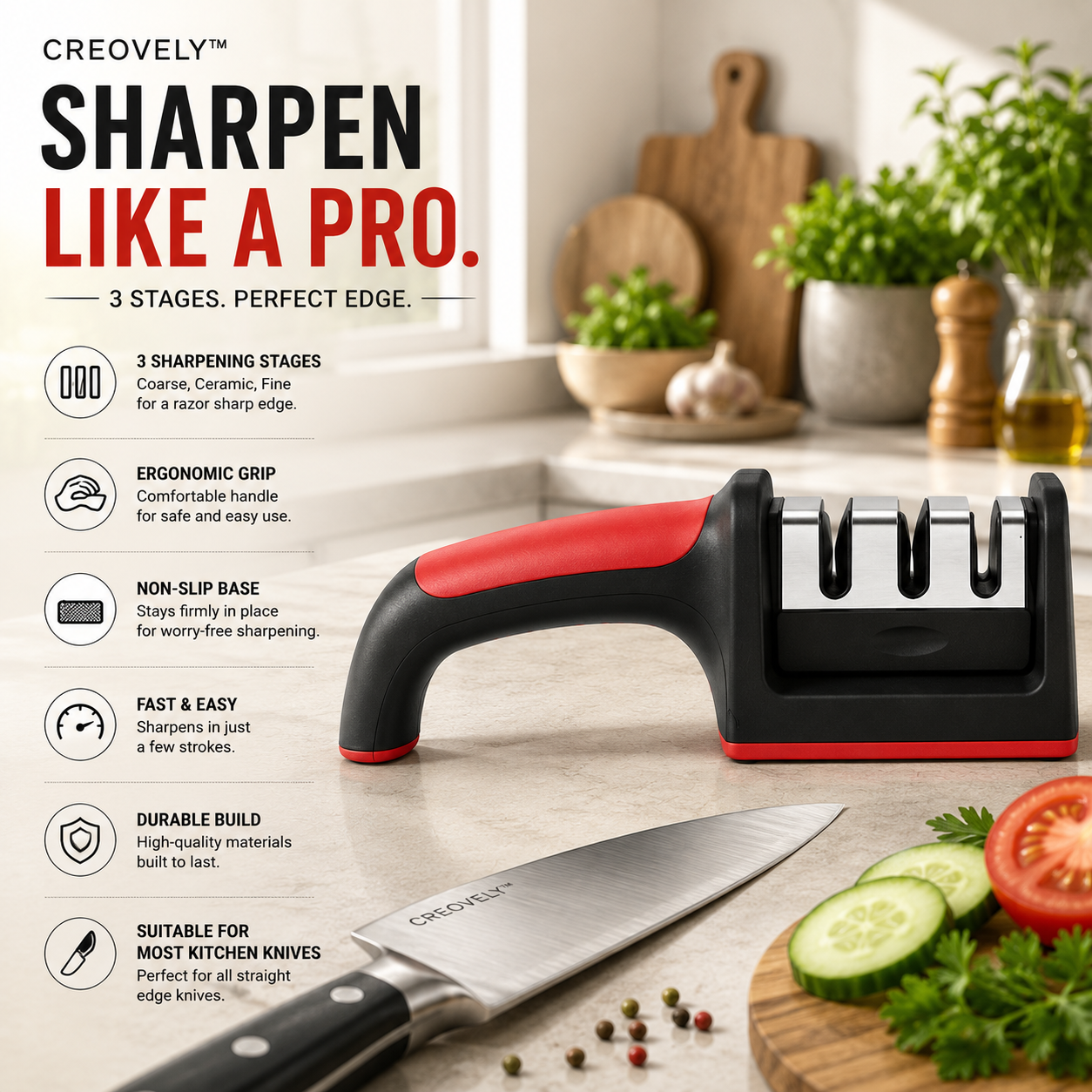 Creovely™ 3-Stage Precision Knife Sharpener