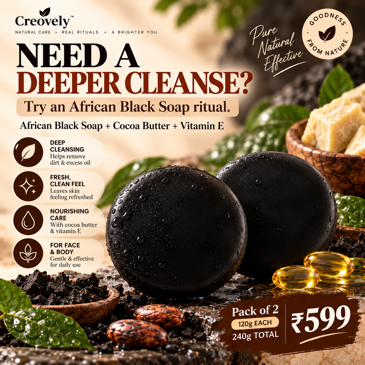 Creovely ObsidianGrove™ Deep Cleansing Bar — African Black Soap with Cocoa Butter & Vitamin E | Pack of 2