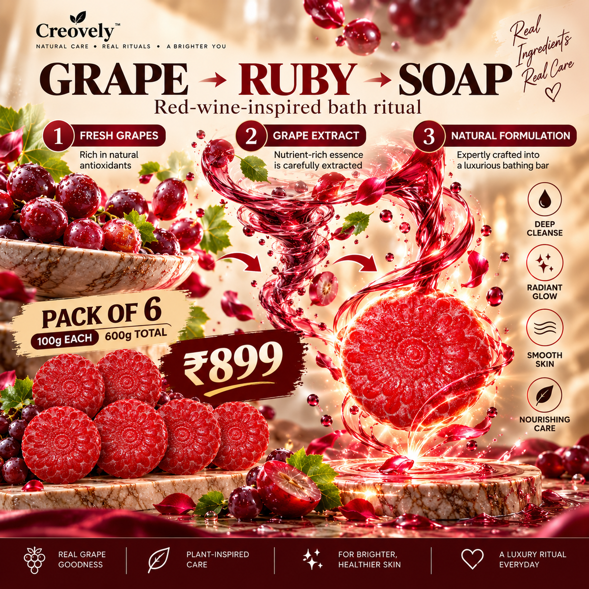 Creovely Rubivane™ Ruby Bath Ritual — Redwine Soap | Pack of 6