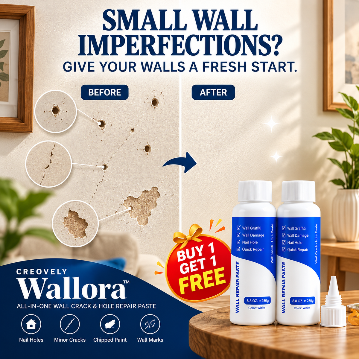 Creovely Wallora™ All-in-One Wall Crack & Hole Repair Paste — Pack of 2 (250 g Each)
