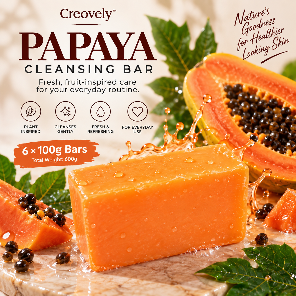 Creovely Papayelle™ Tropical Cleansing Bar — Papaya Extract Soap | Pack of 6