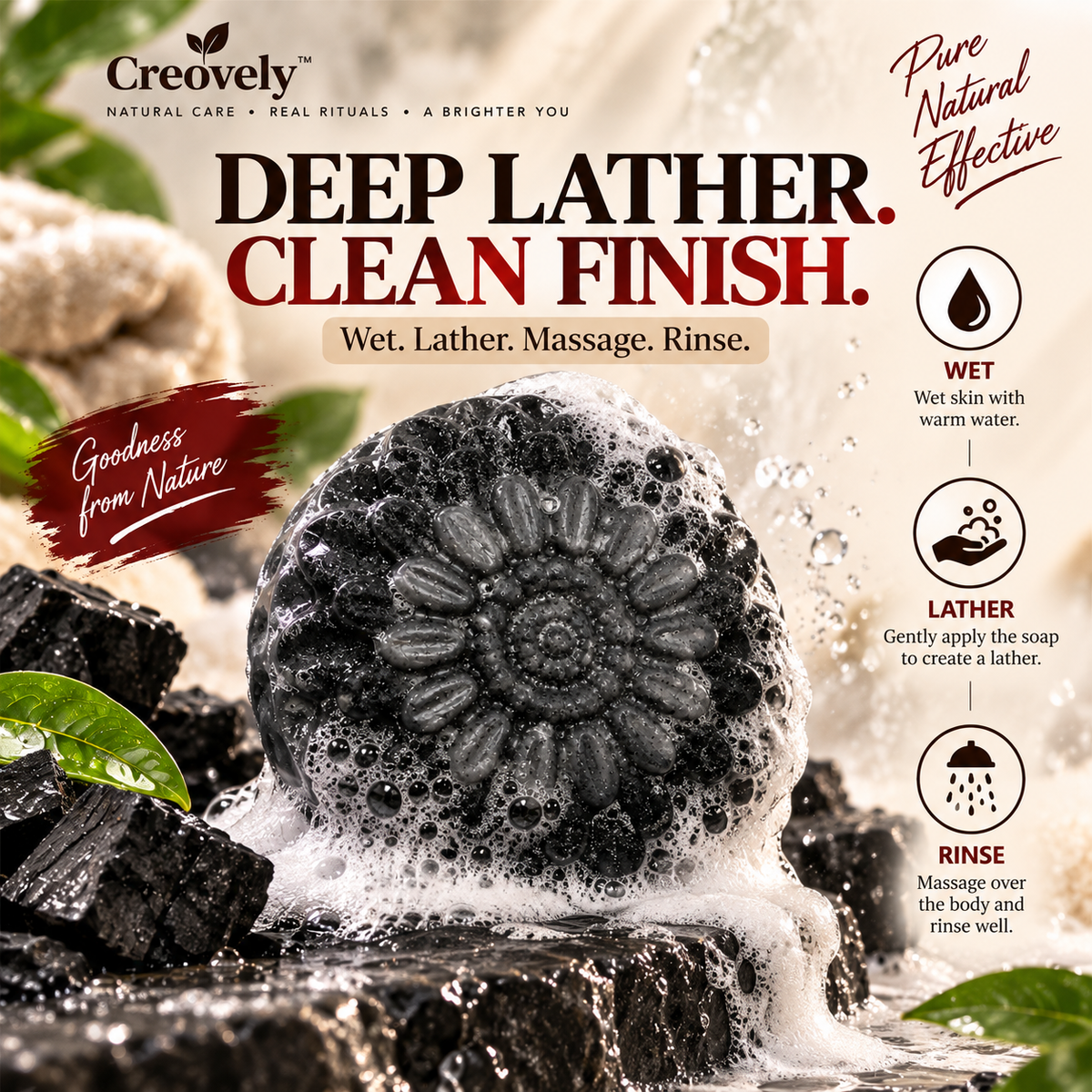 Creovely NoirKind™ Charcoal Reset Bar — Activated Charcoal Soap | Pack of 6