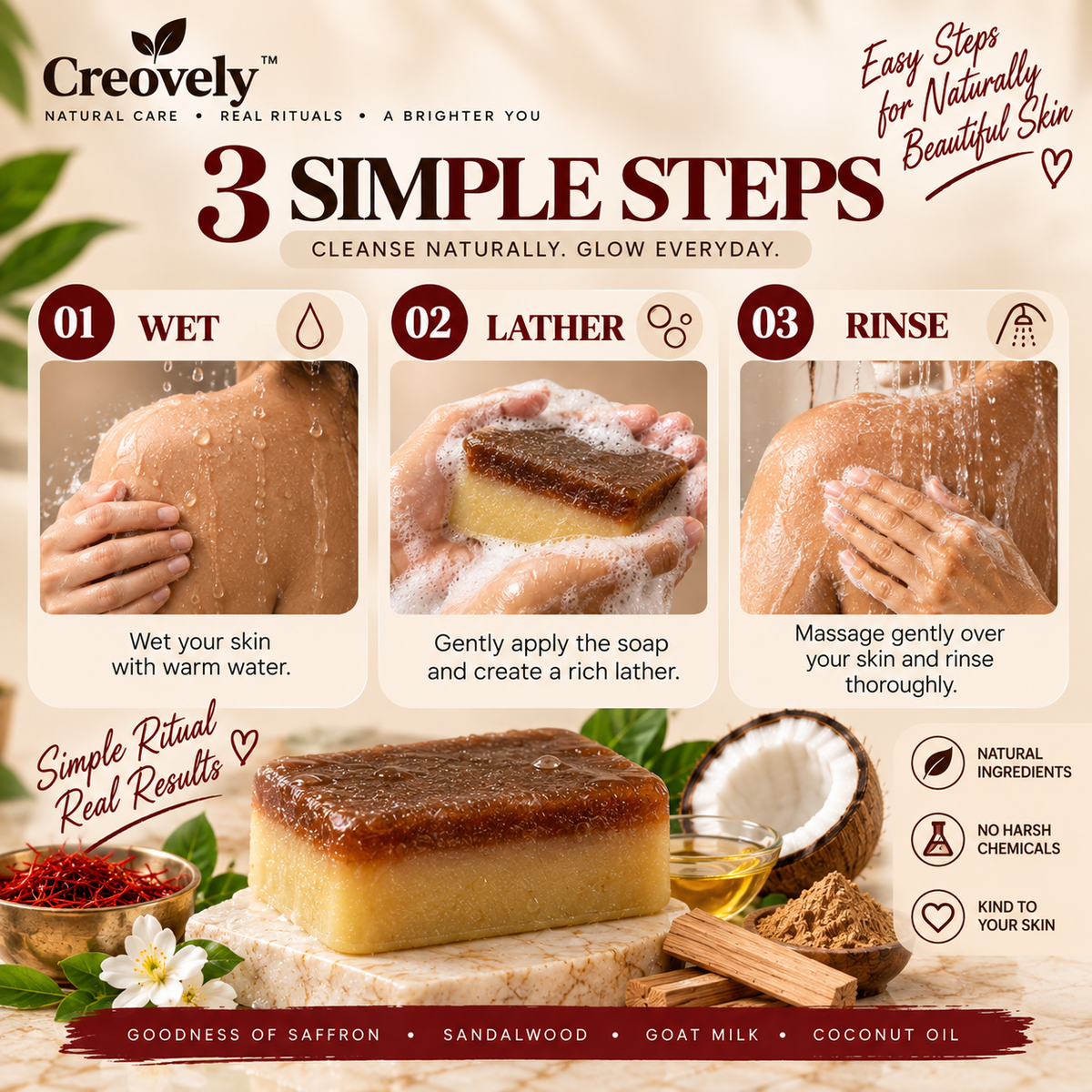 Creovely GoldenVeil™ Handmade Cleansing Bar — Saffron & Sandalwood | Pack of 2