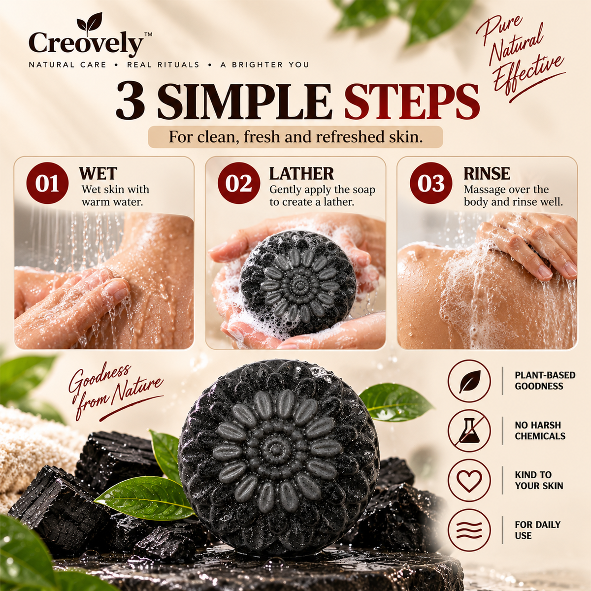 Creovely NoirKind™ Charcoal Reset Bar — Activated Charcoal Soap | Pack of 6