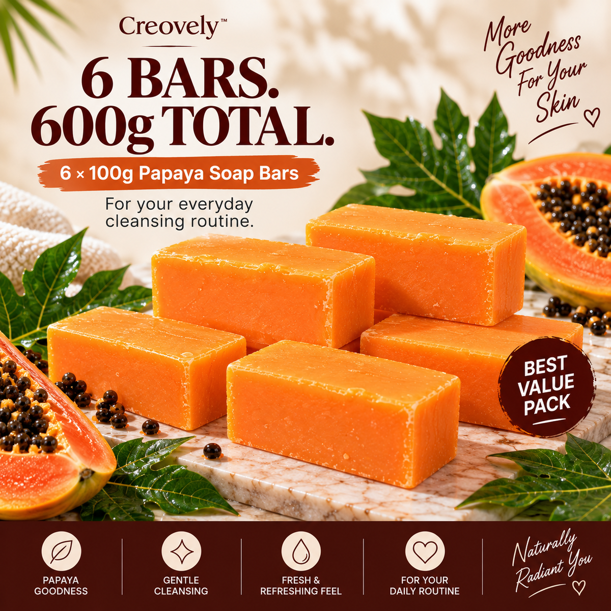Creovely Papayelle™ Tropical Cleansing Bar — Papaya Extract Soap | Pack of 6
