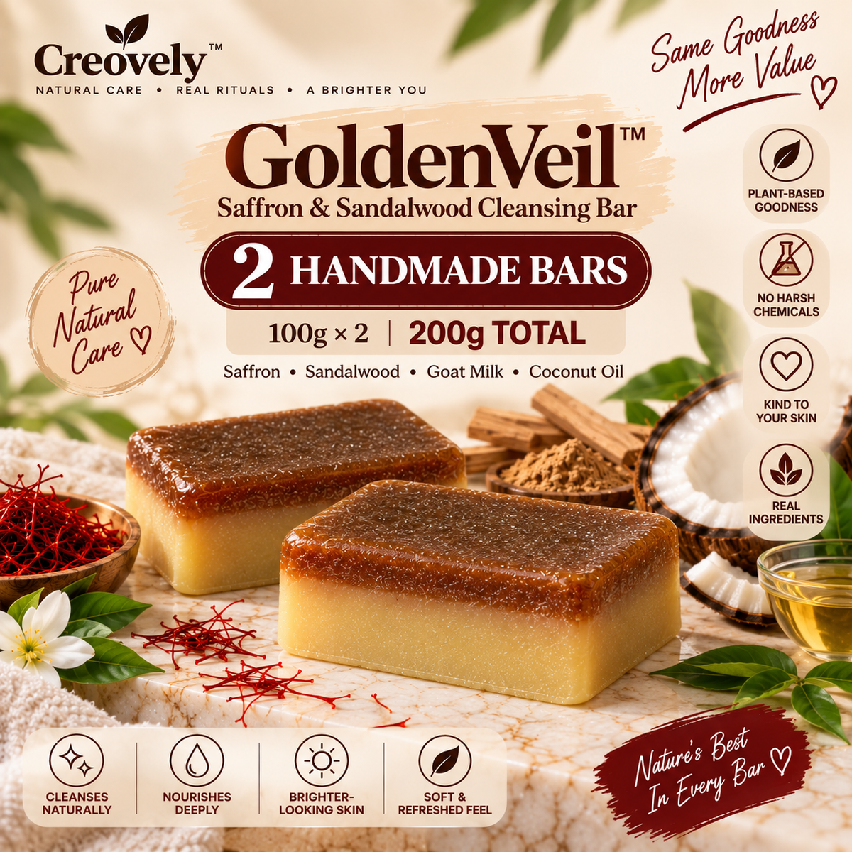 Creovely GoldenVeil™ Handmade Cleansing Bar — Saffron & Sandalwood | Pack of 2