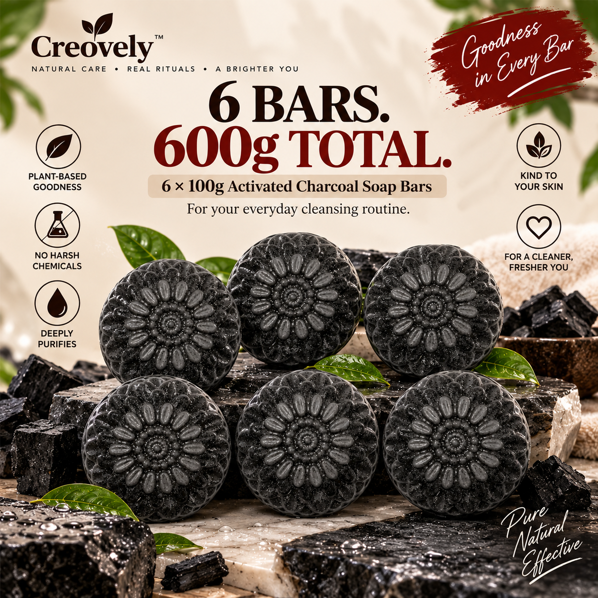 Creovely NoirKind™ Charcoal Reset Bar — Activated Charcoal Soap | Pack of 6