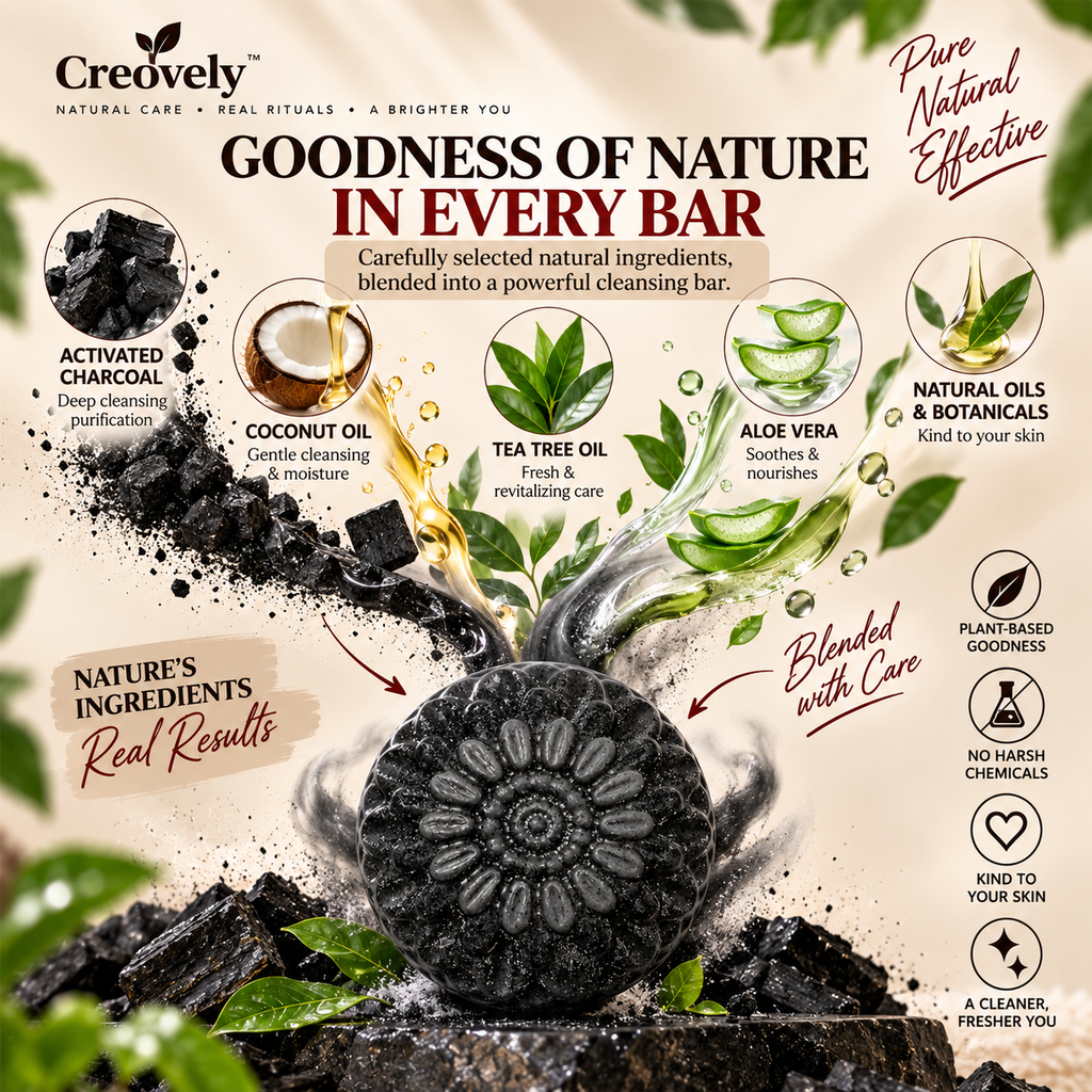 Creovely NoirKind™ Charcoal Reset Bar — Activated Charcoal Soap | Pack of 6