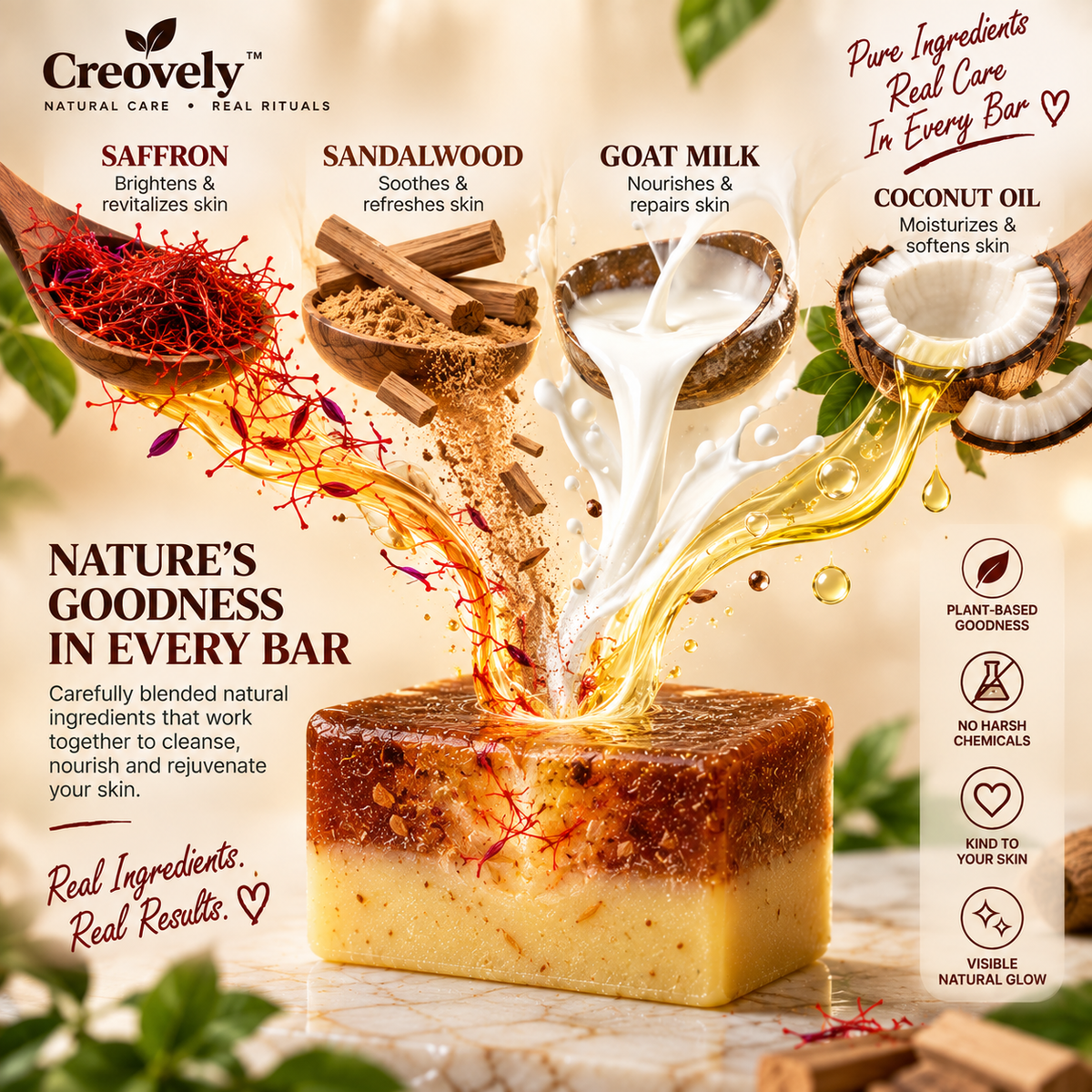 Creovely GoldenVeil™ Handmade Cleansing Bar — Saffron & Sandalwood | Pack of 2
