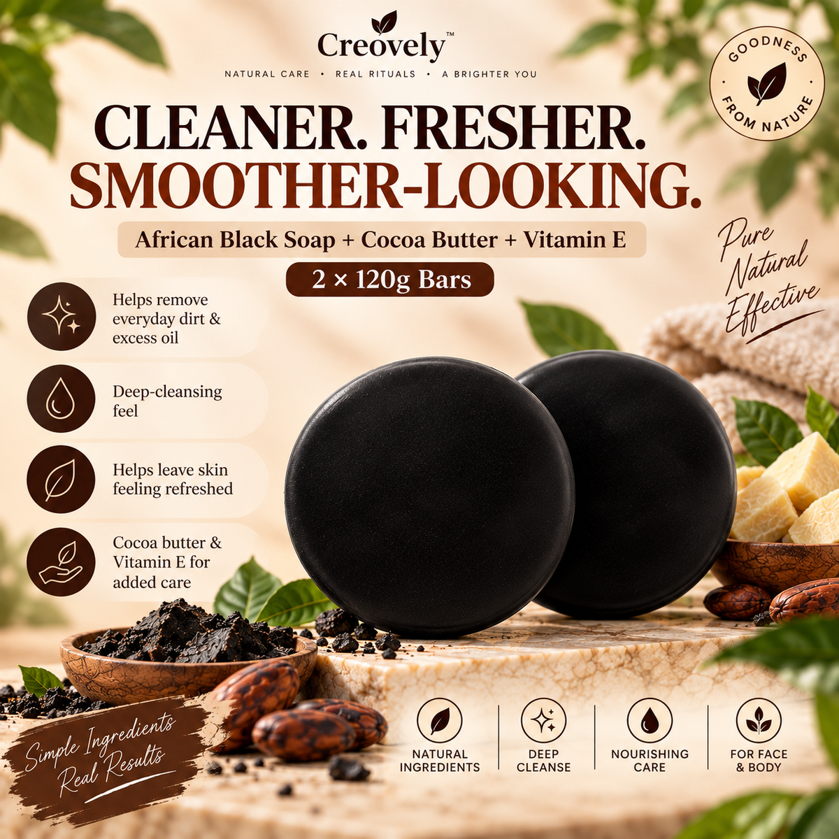 Creovely ObsidianGrove™ Deep Cleansing Bar — African Black Soap with Cocoa Butter & Vitamin E | Pack of 2