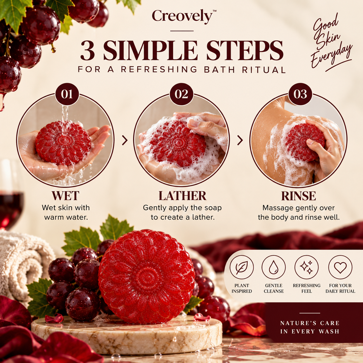 Creovely Rubivane™ Ruby Bath Ritual — Redwine Soap | Pack of 6