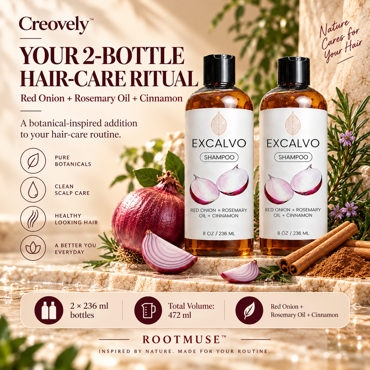 Creovely RootMuse™ Botanical Hair Cleanse — Red Onion, Rosemary & Cinnamon Shampoo | Pack of 2