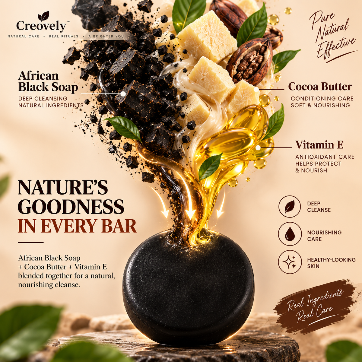 Creovely ObsidianGrove™ Deep Cleansing Bar — African Black Soap with Cocoa Butter & Vitamin E | Pack of 2