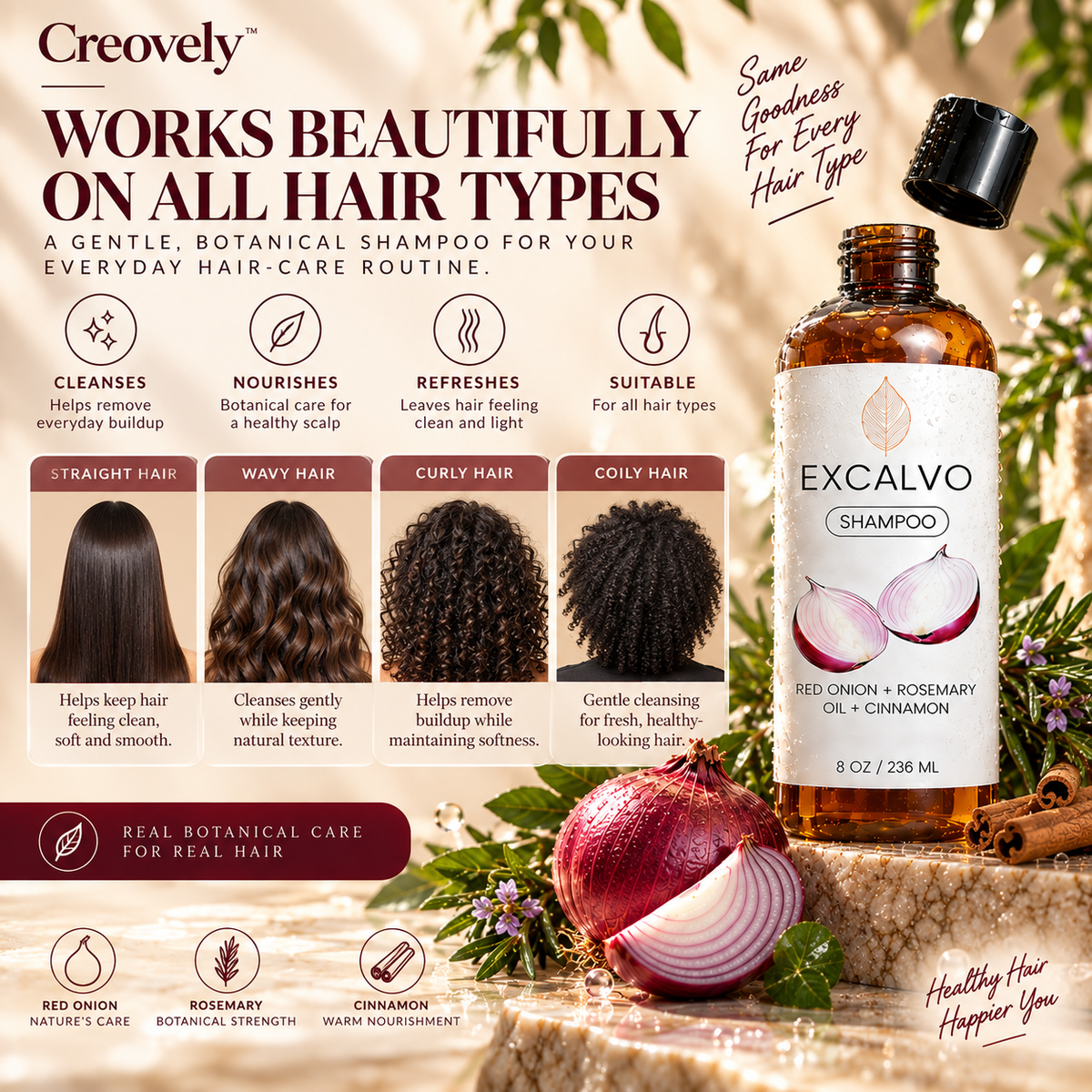 Creovely RootMuse™ Botanical Hair Cleanse — Red Onion, Rosemary & Cinnamon Shampoo | Pack of 2