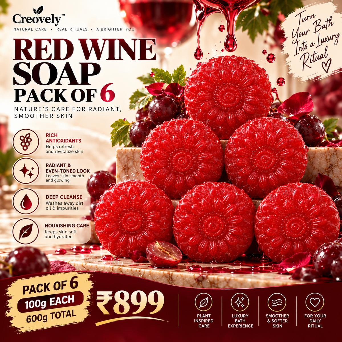 Creovely Rubivane™ Ruby Bath Ritual — Redwine Soap | Pack of 6