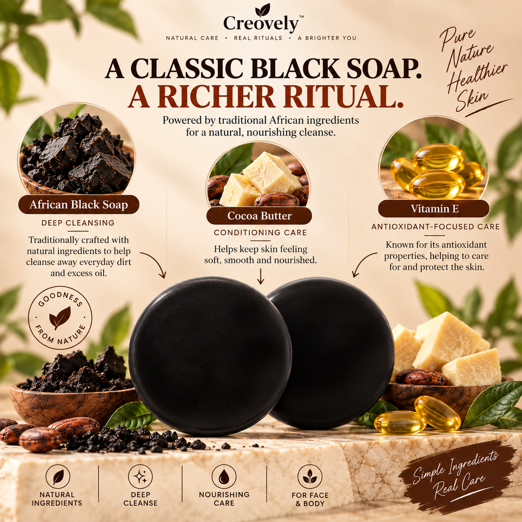 Creovely ObsidianGrove™ Deep Cleansing Bar — African Black Soap with Cocoa Butter & Vitamin E | Pack of 2