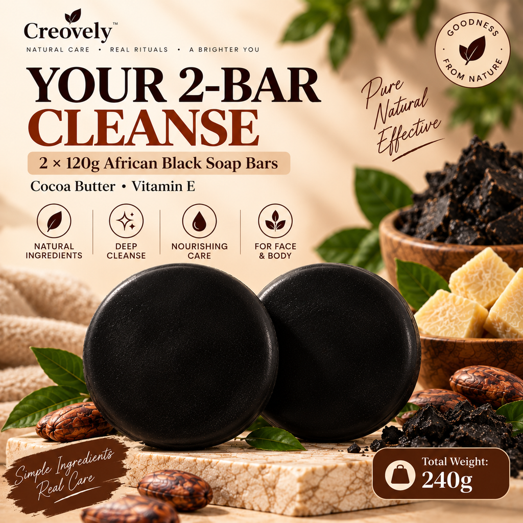 Creovely ObsidianGrove™ Deep Cleansing Bar — African Black Soap with Cocoa Butter & Vitamin E | Pack of 2