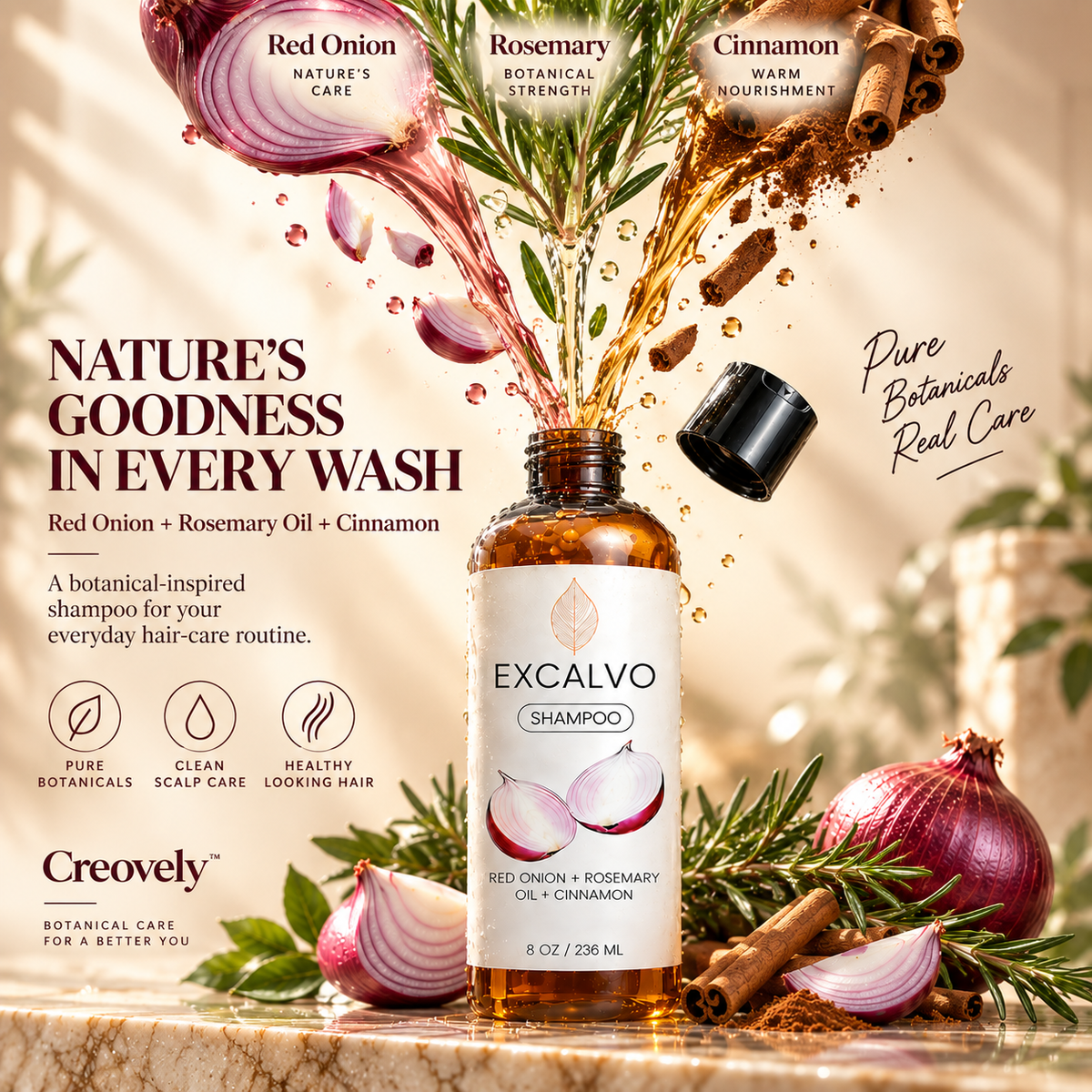 Creovely RootMuse™ Botanical Hair Cleanse — Red Onion, Rosemary & Cinnamon Shampoo | Pack of 2