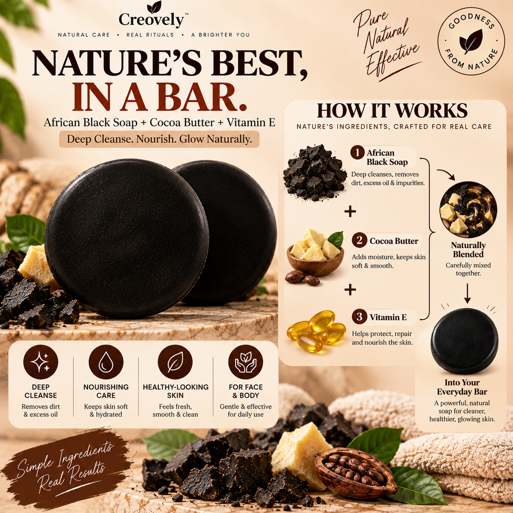 Creovely ObsidianGrove™ Deep Cleansing Bar — African Black Soap with Cocoa Butter & Vitamin E | Pack of 2