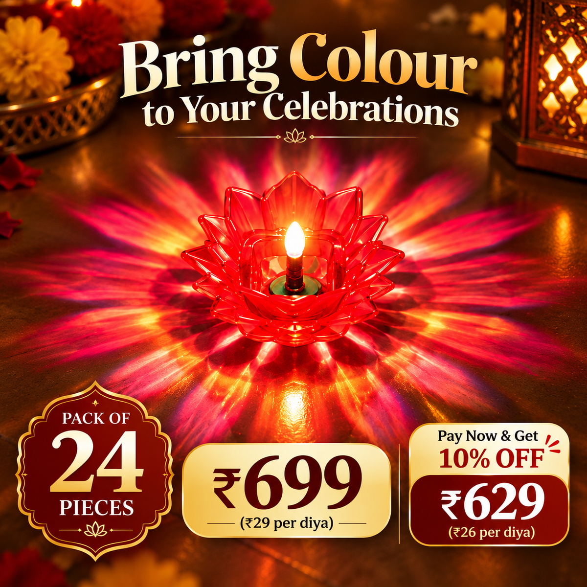 Creovely™ RangJyoti™ Celebration Lights — Water-Activated Lotus Reflection Diyas, Pack of 24