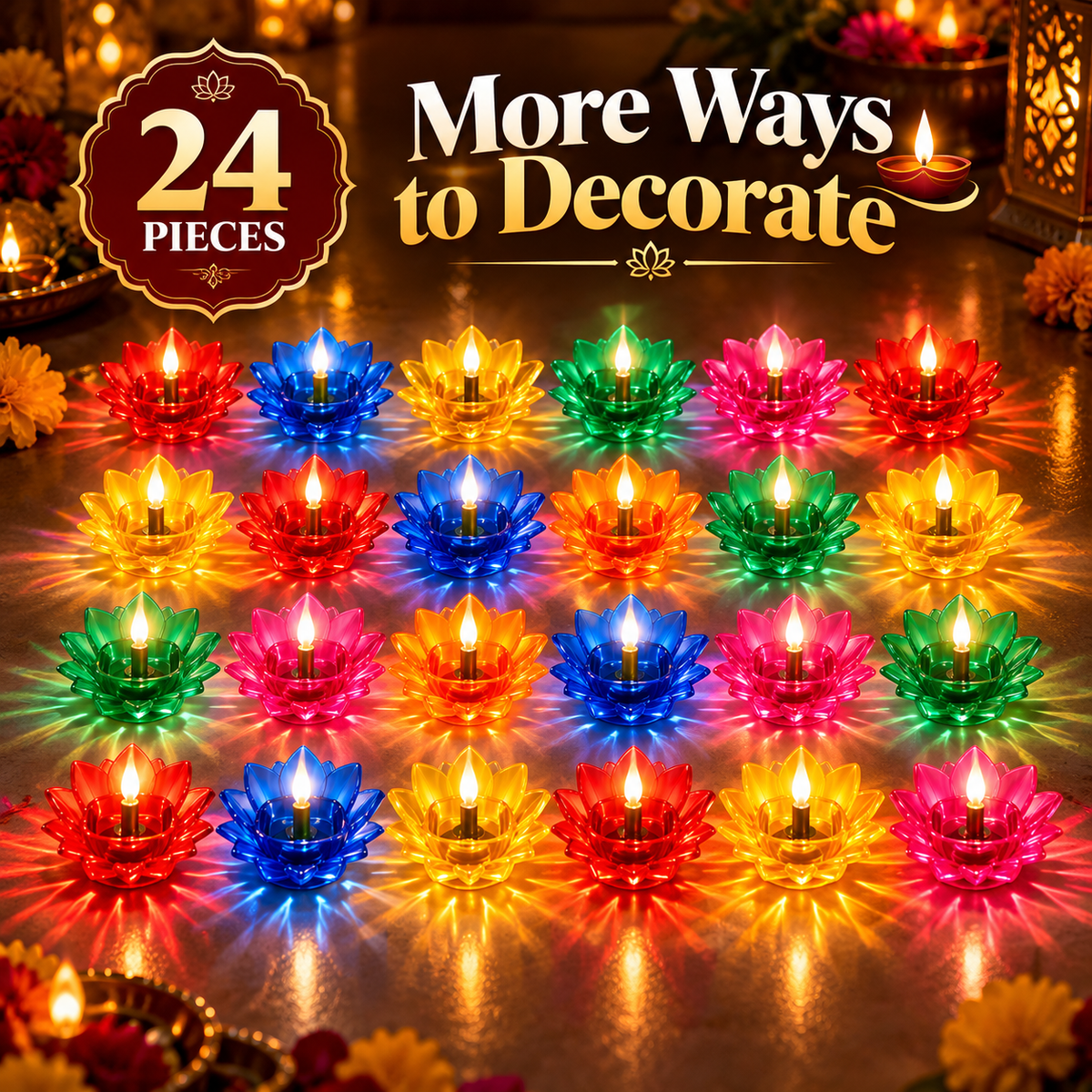 Creovely™ RangJyoti™ Celebration Lights — Water-Activated Lotus Reflection Diyas, Pack of 24